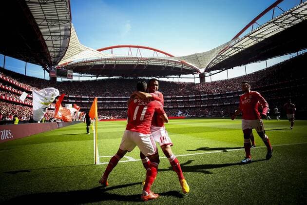May 9, 2015 - Lisbon, Portugal - Benfica s forward Lima (L) celebrates with Benfica s forward Eduardo Salvio (2nd L) after scoring during the Portuguese League football match between SL Benfica and FC Penafiel at Luz Stadium in Lisbon on May 9, 2015. NURPHOTO CARLOS COSTA. FBL-LIGA-POR-BENFICA-PENAFIEL  - ZUMAn230