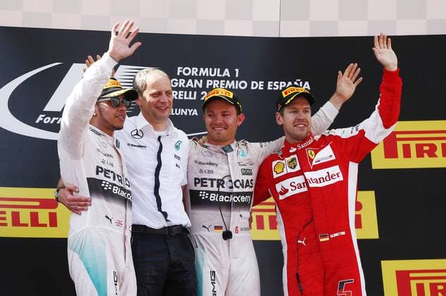 Motorsports: FIA Formula One World Championship WM Weltmeisterschaft 2015, Grand Prix of Spain, 44 Lewis Hamilton (GBR, Mercedes AMG Petronas Formula One Team), Tony Ross (GBR, Mercedes AMG Petronas Formula One Team), 6 Nico Rosberg (GER, Mercedes AMG Petronas Formula One Team), 5 Sebastian Vettel (GER, Scuderia Ferrari), xHOCHxZWEIx
