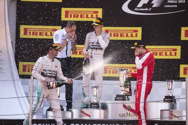 BARCELONA, SPAIN - March 10: Podium of the race with Nico Rosberg inthe first position, Lewis Hamilton in the second and Sebastian Vettel in the third place during the Formula 1 Grand Prix of Spain Pirelli 2015 race at Barcelona-Catalunya Circuit on March 10, 2015 in Barcelona, Spain. (Photo by Mikel Trigueros Urbanandsport Cordon Press) 