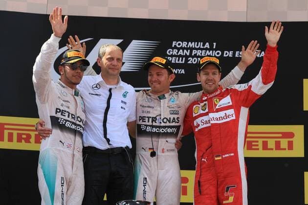 10.05.2015. Circuit de Catalunya Barcelona, Spain, Race day. Mercedes AMG Petronas driver Nico Rosberg wins the Spainish GP in front of his team mate Lewis Hamilton and in 3rd place is Scuderia Ferrari driver Sebastian Vettel xLeannexBoonx  ActionPlus11619821