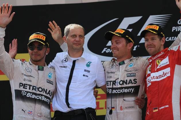 10.05.2015. Circuit de Catalunya Barcelona, Spain, Race day. Mercedes AMG Petronas driver Nico Rosberg wins the Spainish GP in front of his team mate Lewis Hamilton and in 3rd place is Scuderia Ferrari driver Sebastian Vettel xLeannexBoonx  ActionPlus11619833