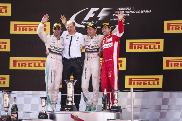 BARCELONA, SPAIN - March 10: Podium of the race with Nico Rosberg in the first position, Lewis Hamilton in the second and Sebastian Vettel in the third place during the Formula 1 Grand Prix of Spain Pirelli 2015 race at Barcelona-Catalunya Circuit on March 10, 2015 in Barcelona, Spain. (Photo by Mikel Trigueros Urbanandsport Cordon Press) 