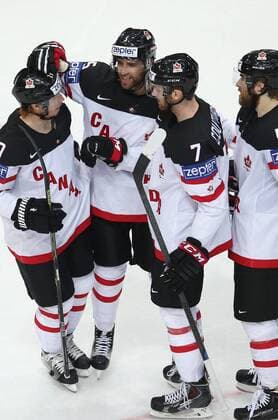 Ice hockey Eishockey - IIHF Ice Hockey WC 2015 PRAGUE,CZECH REPUBLIC,10.MAY.15 - ICE HOCKEY - IIHF World Ice Hockey Championships, international match Länderspiel Switzerland vs Canada. Image shows the rejoicing of Cody Eakin, Aaron Ekblad, Sean Couturier and David Savard (CAN). GEPAxpictures xAndreasxPranter 
