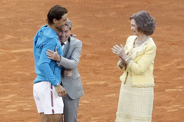 Spanish tennis Rafael Nadal with the tennis legend Manolo Santana and Queen Sofia of Spain after Madrid Open Tennis 2015 Final match.May, 10, 2015.  (20150510213)