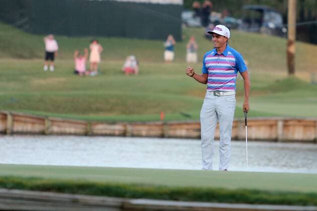 May 10, 2015: Rickie Fowler reacts after sinking the winning putt during sudden death playoff during the final round of THE PLAYERS Championship at TPC Sawgrass in Ponte Vedra Beach, Fl. GOLF: MAY 10 PGA Golf Herren - THE PLAYERS Championship - Final Round Icon1503201280 EDITORIAL USE ONLY