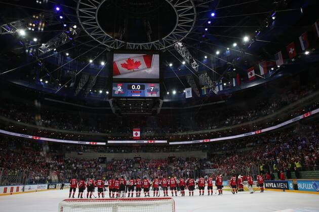 Ice hockey Eishockey - IIHF Ice Hockey WC 2015 PRAGUE,CZECH REPUBLIC,10.MAY.15 - ICE HOCKEY - IIHF World Ice Hockey Championships, international match Länderspiel Switzerland vs Canada. Image shows team SUI. GEPAxpictures xAndreasxPranter 