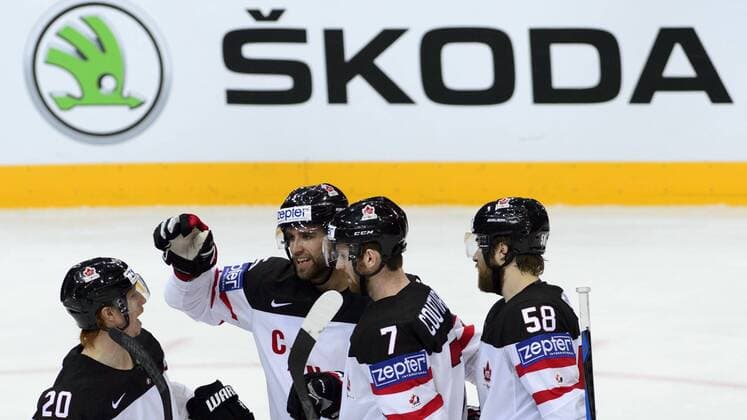From left: Canadian players Cody Eakin, Aaron Ekblad, Sean Couturier, David Savard celebrate goal during the Ice hockey Eishockey World Championship WM Weltmeisterschaft Group A match Switzerland vs Canada in Prague, Czech Republic, May 10, 2015. (CTKxPhoto MichalxKamaryt) CTKPhotoP201505100686201  kmt 14