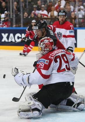 Ice hockey Eishockey - IIHF Ice Hockey WC 2015 PRAGUE,CZECH REPUBLIC,12.MAY.15 - ICE HOCKEY - IIHF World Ice Hockey Championships, international match Länderspiel Canada vs Austria. Image shows Bernhard Starkbaum (AUT) and Taylor Hall (CAN). GEPAxpictures xAndreasxPranter 