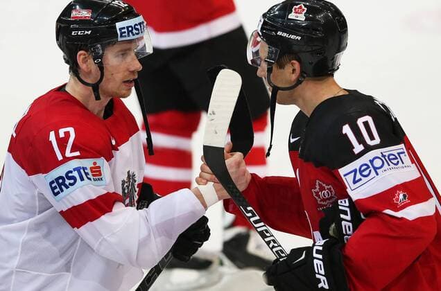 Ice hockey Eishockey - IIHF Ice Hockey WC 2015 PRAGUE,CZECH REPUBLIC,12.MAY.15 - ICE HOCKEY - IIHF World Ice Hockey Championships, international match Länderspiel Canada vs Austria. Image shows Michael Raffl (AUT) and Brayden Schenn (CAN). GEPAxpictures xAndreasxPranter 