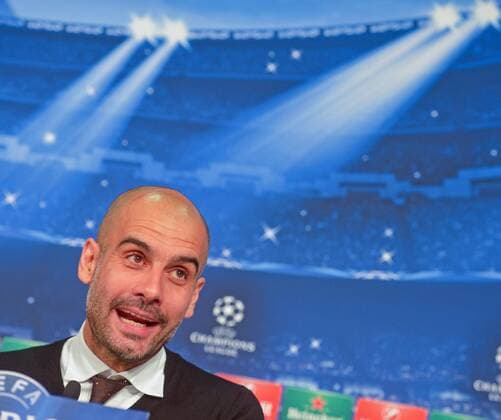 SOCCER - CL, Bayern vs Barcelona MUNICH,GERMANY,12.Mai.15 - SOCCER - UEFA Champions League, semifinal, FC Bayern Muenchen vs FC Barcelona Barca press conference PK Pressekonferenz Image shows head coach Pep Guardiola (Bayern). GEPAxpictures xHansxOsterauer 