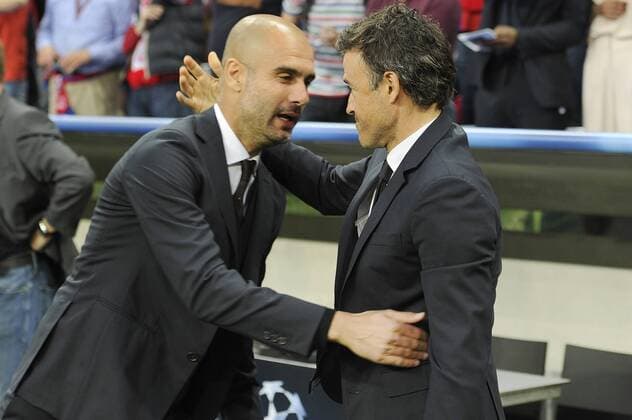 Pep (Josep) GUARDIOLA (Trainer FCB) begruesst Luis ENRIQUE,Trainer FC Barcelona Barca re). FC Bayern Muenchen-FC Barcelona 3-2, Fussball Champions League,Halbfinale,Rueckspiel am 12.05..2015.