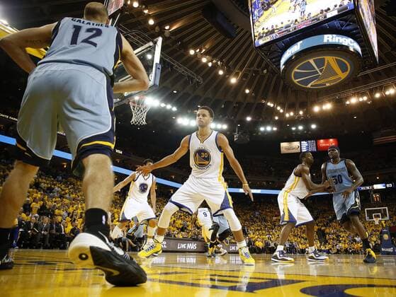 May 13, 2015 - Oakland, CA, USA - The Golden State Warriors Stephen Curry (30) plays defense as the Memphis Grizzlies Nick Calathes (12) inbounds the ball in the third quarter during Game 5 in the Western Conference semifinals at Oracle Arena in Oakland, Calif., on Wednesday, May 13, 2015. The Warriors won, 98-78, for a 3-2 series lead. Memphis at Golden State, Game 5 - ZUMAm67_
