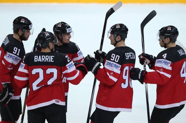 Ice hockey Eishockey - IIHF Ice Hockey WC 2015 PRAGUE,CZECH REPUBLIC,14.MAY.15 - ICE HOCKEY - IIHF World Ice Hockey Championships, international match Länderspiel quarterfinal, Canada vs Belarus. Image shows the rejoicing of Tyler Sguin, Tyson Barrie, Tyler Ennis, Jason Spezza and Taylor Hall (CAN). GEPAxpictures xAndreasxPranter 