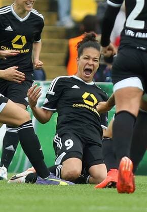 Celia Sasic Jubel Freude Emotion nach Tor zum 1:0 durch Celia Sasic FFC Frankfurt - PSG Paris Staint-Germain UEFA Womens Championsleague Finale Final Endspiel 14.05.2015 Fußball Fussball Friedrich-Ludwig-Jahn Sportpark Berlin Frauen Saison 2014 2015