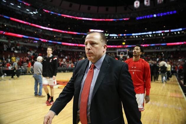 May 14, 2015 - Chicago, IL, USA - Chicago Bulls head coach Tom Thibodeau and guard Derrick Rose walk off the court after a 94-73 loss against the Cleveland Cavaliers in Game 6 of the Eastern Conference semifinals at the United Center in Chicago on Thursday, May 14, 2015. The loss eliminated the Bulls. Cleveland at Chicago, Game 6 - ZUMAm67_
