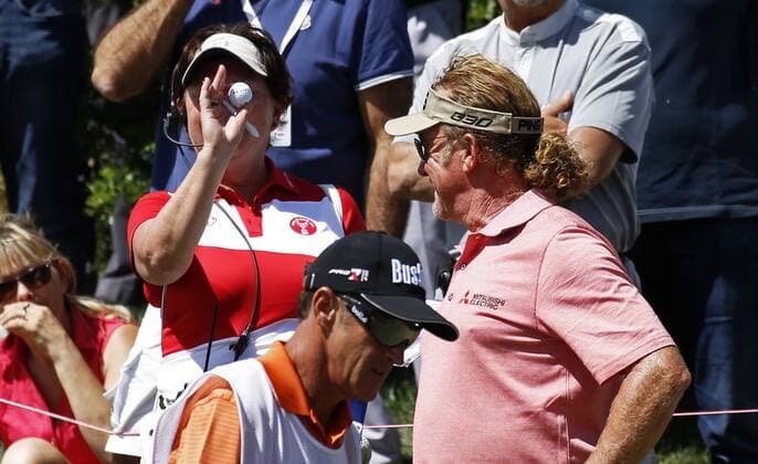 BARCELONA -may 15- SPAIN: Miguel Angel Jimenez gives the ball that has made the hole in one in the Spain Open Golf, held in the Club de Golf El Prat, may 15, 2015. Photo: Joan Valls Urbanandsport Cordon Press 
