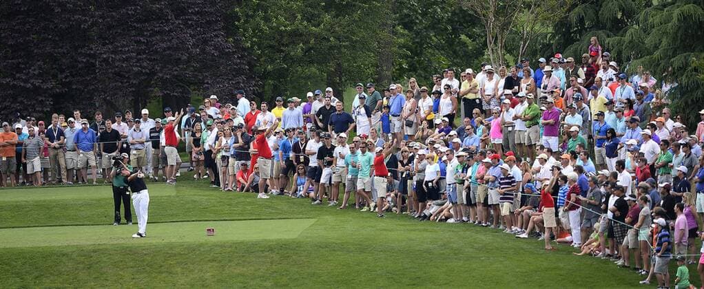 May 15, 2015 - Charlotte, NC, USA - The gallery watches as Webb Simpson, left, hits from the 13th tee box during the second round of the Wells Fargo Championship at Quail Hollow Club on Friday, May 15, 2015, in Charlotte, N.C. Wells Fargo Second Round - ZUMAm67_