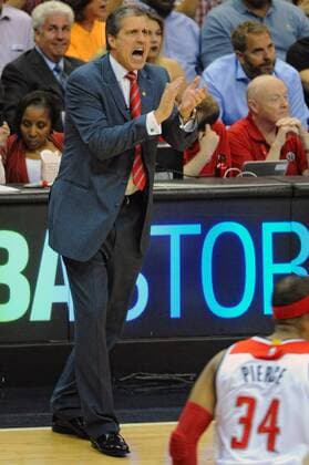 Washington Wizards head coach Randy Wittman urges his team on against the Atlanta Hawks in the x half of Game 6 of Round 2 of the Eastern Conference Semifinals at the Verizon Center in Washington, D.C. on May 15, 2015.  WAG201551521 MARKxGOLDMAN