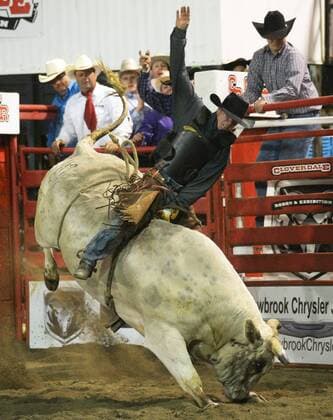 (150516) -- CLOVERDALE, Cory Atwell of the United States competes in Bull Riding at the annual Cloverdale Professional Rodeo 2015 in Cloverdale, BC, Canada, May 15, 2015. The Cloverdale Rodeo was voted the Number One Performance Rodeo in North America by the Professional Rodeo Cowboy s Association in 1984. Today the Cloverdale Rodeo & Exhibition is the second largest community rodeo in Canada, attracting competitors and spectators worldwide. ) (SP)CANADA-CLOVERDALE-RODEO SergeixBachlakov 