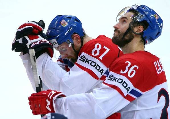 PRAGUE, CZECH REPUBLIC. MAY 16, 2015. Czech Republic s Jakub Nakladal (L) and Petr Caslava seen after the 2015 IIHF World Championship WM Weltmeisterschaft semifinal Ice hockey Eishockey match against Canada at O2 Arena. The Canadian team won the game 2:0. Valery Sharifulin TASS  TS00367F