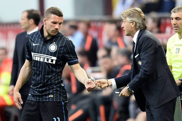 Aktuell Fußball, Italien, Serie A, Inter Mailand - Juventus Turin Serie A Inter Mailand - Juventus Turin Lucas Podolski-Roberto Mancini bigliettino 