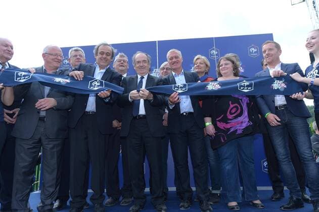 Aktuell Fußball, EM 2016, Auftakt der Tour des französischen Fußballverbandes Michel Platini - President UEFA - Noel LeGraet - president de la FFF Federation Francaise de Football - Didier Deschamps - Nationaltrainer France FOOTBALL : Lancement du FFF Tour - Euro 2016 - EM Tour Nationalteam FRA - Joeuf - 16 05 2015 Moax 