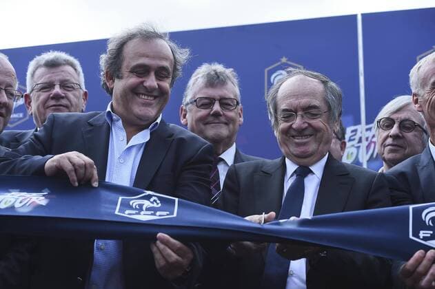 Michel Platini President l UEFA - Noel leGraet Le Graet - President de la FFF Federation Francaise de Football FOOTBALL : Lancement du FFF Tour - Euro 2016 - Championnat d Europe - Joeuf - 16 05 2015 Moa Panoramic 