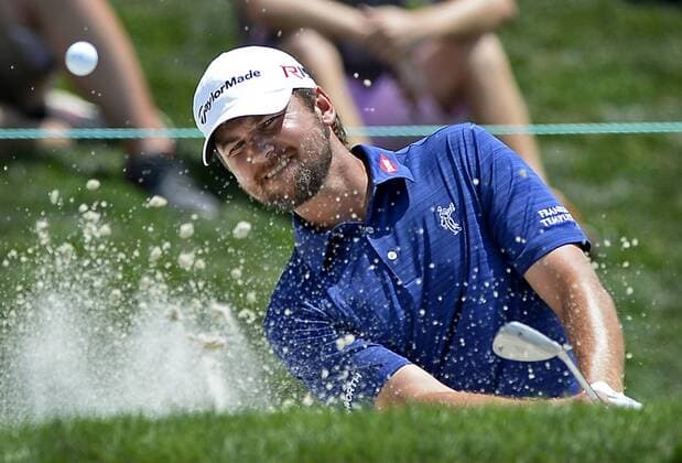 May 16, 2015 - Charlotte, NC, USA - Sean O Hair chips his ball from a sand bunker along the 18th green during the third round of the Wells Fargo Championship on Saturday, May 16, 2015, at Quail Hollow Club in Charlotte, N.C. Wells Fargo Championship - ZUMAm67_