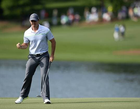 May 16, 2015 - Charlotte, NC, USA - Rory McIlroy pumps his fist after making birdie on the 16th green during the third round of the Wells Fargo Championship on Saturday, May 16, 2015, at Quail Hollow Club in Charlotte, N.C. McIlroy finished at -18. Wells Fargo Championship - ZUMAm67_