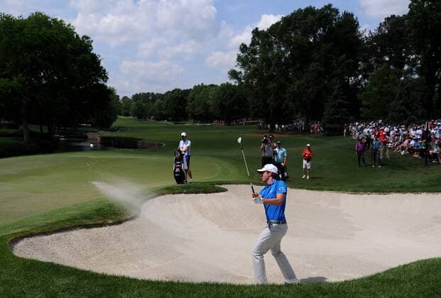 May 16, 2015 - Charlotte, NC, USA - Webb Simpson chips out of a sand trap along the seventh green during the third round of the Wells Fargo Championship on Saturday, May 16, 2015, at Quail Hollow Club in Charlotte, N.C. Wells Fargo Championship - ZUMAm67_