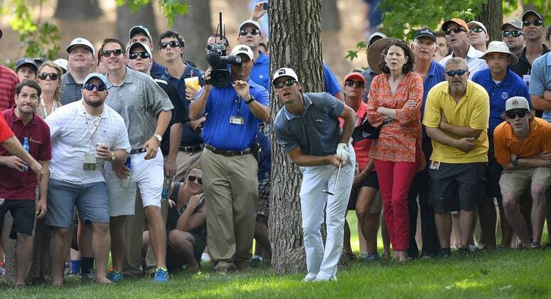 May 16, 2015 - Charlotte, NC, USA - Will MacKenzie and the gallery watch his shot from the rough to the 12th green during the third round of the Wells Fargo Championship on Saturday, May 16, 2015, at Quail Hollow Club in Charlotte, N.C. Wells Fargo Championship - ZUMAm67_