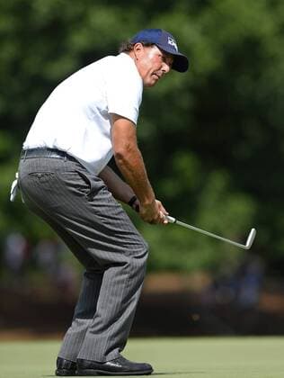 May 16, 2015 - Charlotte, NC, USA - Phil Mickelson reacts to a missed putt on the 11th green during the third round of the Wells Fargo Championship on Saturday, May 16, 2015, at Quail Hollow Club in Charlotte, N.C. Wells Fargo Championship - ZUMAm67_