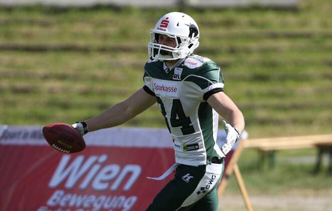 AMERICAN FOOTBALL - Big6, Vikings vs Unicorns VIENNA,AUSTRIA,17.MAY.15 - AMERICAN FOOTBALL - Big6 European Football League, Vienna Vikings vs Schwaebisch Hall Unicorns. Image shows the rejoicing of Moritz Boehringer (Unicorns). GEPAxpictures xMarioxKneisl