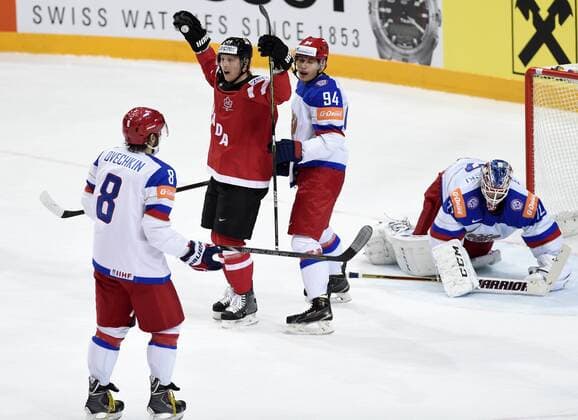 From left Alexander Ovechkin (RUS), Cody Eakin (CAN), Andrei Mironov (RUS) and goalkeeper Sergei Bobrovski (RUS) in action during the Ice hockey Eishockey World Championships final duel for gold medal Canada vs Russia in Prague, Czech Republic, May 17, 2015. (CTKxPhoto RomanxVondrous) CTKPhotoP201505170622401  vnd 1