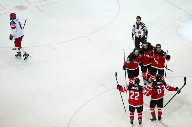 Ice hockey Eishockey - IIHF Ice Hockey WC 2015 PRAGUE,CZECH REPUBLIC,17.MAY.15 - ICE HOCKEY - IIHF World Ice Hockey Championships, international match Länderspiel final, Canada vs Russia. Image shows the disappointment of Alexander Ovechkin (RUS), the rejoicing of Tyson Barrie, Tyler Ennis, Aaron Ekblad, Sean Couturier and Cody Eakin (CAN). GEPAxpictures xAndreasxPranter