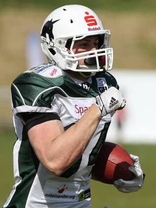 AMERICAN FOOTBALL - Big6, Vikings vs Unicorns VIENNA,AUSTRIA,17.MAY.15 - AMERICAN FOOTBALL - Big6 European Football League, Vienna Vikings vs Schwaebisch Hall Unicorns. Image shows Moritz Boehringer (Unicorns). GEPAxpictures xMarioxKneisl