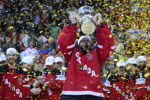 Canadian players with Mike Smith (front) celebrate their victory of the Ice hockey Eishockey World Championship WM Weltmeisterschaft after the final duel for gold medal Canada vs Russia in Prague, Czech Republic, May 17, 2015. (CTKxPhoto MichalxKamaryt) CTKPhotoP201505170715001  kmt 11
