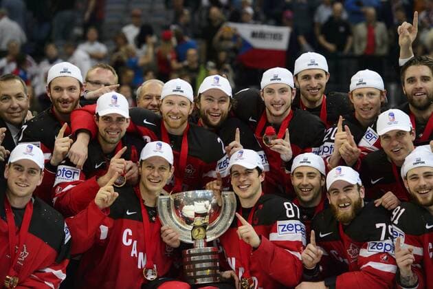 Canadian players celebrate their victory of the Ice hockey Eishockey World Championship WM Weltmeisterschaft after the final duel for gold medal Canada vs Russia in Prague, Czech Republic, May 17, 2015. (CTKxPhoto MichalxKamaryt) CTKPhotoP201505170718501  kmt 13