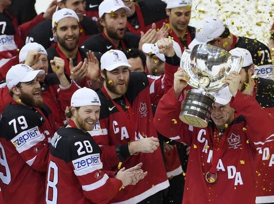 Canadian players celebrate their victory of the Ice hockey Eishockey World Championship WM Weltmeisterschaft after the final duel for gold medal Canada vs Russia in Prague, Czech Republic, May 17, 2015. (CTKxPhoto RomanxVondrous) CTKPhotoP201505170720801  vnd 1