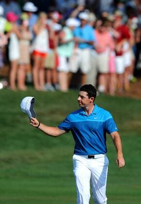 May 17, 2015 - Charlotte, NC, USA - Rory McIlroy waves to the fans as he walks up the 18th fairway during the final round of the Wells Fargo Championship on Sunday, May 17, 2015, at Quail Hollow Club in Charlotte, N.C. Wells Fargo Championship, final round - ZUMAm67_