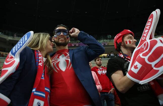 Ice hockey Eishockey - IIHF Ice Hockey WC 2015 PRAGUE,CZECH REPUBLIC,17.MAY.15 - ICE HOCKEY - IIHF World Ice Hockey Championships, international match Länderspiel final, Canada vs Russia, award ceremony. Image shows fans of RUS and a fan of CAN. GEPAxpictures xAndreasxPranter