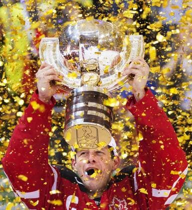 MAY 17, 2015 - Prague, Czech Republic - Canada s JASON SPEZZA holds the trophy during the victory ceremony after winning the 2015 IIHF Ice hockey Eishockey World Championship WM Weltmeisterschaft final match against Russia at O2 Arena. The Canadian team won the game 6:1 and claimed the world title. Hockey 2015 - IIHF World Championship Final - Canada Beats Russia  - ZUMAb138