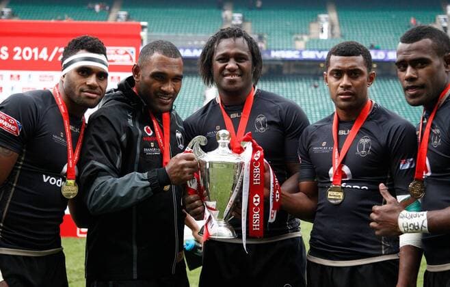 17.05.2015. Twickenham, London England. The Fiji team of Semi Kunatani, Isake Katonibau, Pio Tuwai, Samisoni Viriviri, and Josaia Raisuqe with their trophy on Day 2 at Marriott London Sevens 2015, HSBC Sevens World Series 2015 at Twickenham Stadium, London England. xMartinxSerasxLimax  ActionPlus11622184