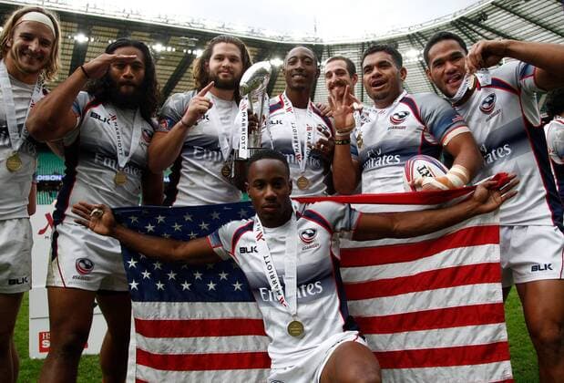 17.05.2015. Twickenham, London England. The victorious USA team celebrate after the Cup Final, Australia 22 v 45 USA on Day 2 at Marriott London Sevens 2015, HSBC Sevens World Series 2015 at Twickenham Stadium, London England. xMartinxSerasxLimax  ActionPlus11622182
