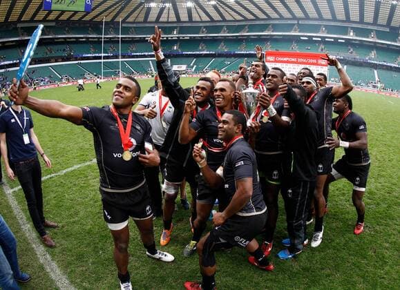 17.05.2015. Twickenham, London England. Fiji Sevens team selfie. Overall World Series Champions 2015 - Day 2 at Marriott London Sevens 2015, HSBC Sevens World Series 2015 at Twickenham Stadium, London England. xMartinxSerasxLimax  ActionPlus11622207