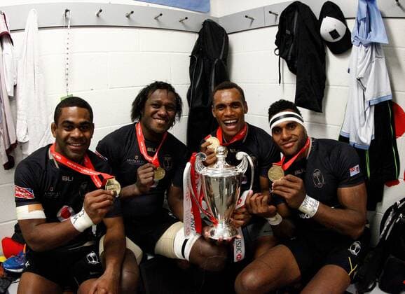 17.05.2015. Twickenham, London England. Fiji players in the changing room shows Vatemo Ravouvou, Pio Tuwai, Osea Kolinisau and Semi Kunatani. Overall Sevens World Series Champions 2015 - Day 2 at Marriott London Sevens 2015, HSBC Sevens World Series 2015 at Twickenham Stadium, London England. xMartinxSerasxLimax  ActionPlus11622209