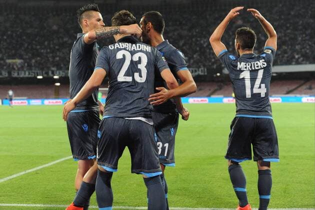 Aktuell Fußbal, Italien, Serie A, SSC Neapel - AC Cesena May 18, 2015 - Naples, Italy - Dries Mertens and Manolo Gabbiadini celebrates after scoring of SSC Napoli during the italian Serie A football match between SSC Napoli and Cesena at San Paolo Stadium on May 18, 2015 in Naples,Italy. SSC Napoli and Cesena - Serie A  - ZUMAn230