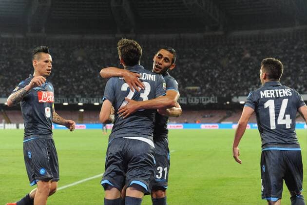 Aktuell Fußbal, Italien, Serie A, SSC Neapel - AC Cesena May 18, 2015 - Naples, Italy - Dries Mertens and Manolo Gabbiadini celebrates after scoring of SSC Napoli during the italian Serie A football match between SSC Napoli and Cesena at San Paolo Stadium on May 18, 2015 in Naples,Italy. SSC Napoli and Cesena - Serie A  - ZUMAn230