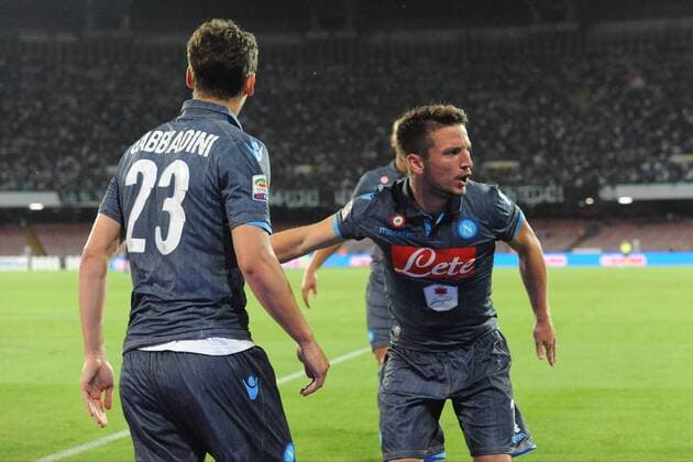 Aktuell Fußbal, Italien, Serie A, SSC Neapel - AC Cesena May 18, 2015 - Naples, Italy - Dries Mertens and Manolo Gabbiadini celebrates after scoring of SSC Napoli during the italian Serie A football match between SSC Napoli and Cesena at San Paolo Stadium on May 18, 2015 in Naples,Italy. SSC Napoli and Cesena - Serie A  - ZUMAn230
