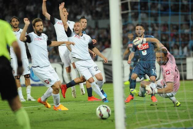 May 18, 2015 - Naples, Italy - Dries Mertens scoring third goal for SSC Napoli during the italian Serie A football match between SSC Napoli and Cesena at San Paolo Stadium on May 18, 2015 in Naples,Italy. SSC Napoli and Cesena - Serie A  - ZUMAn230